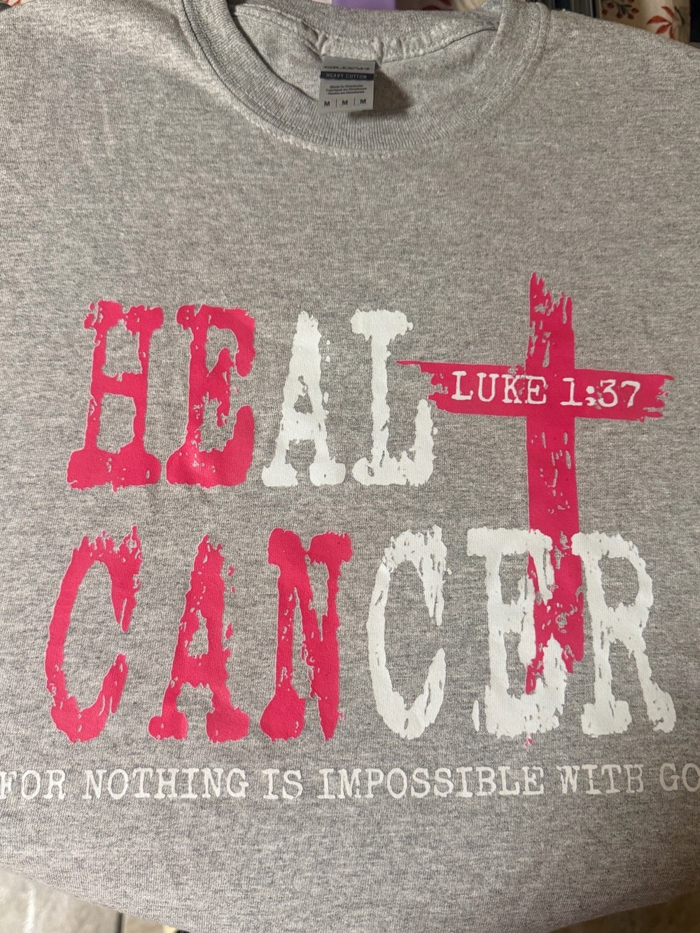 Gildan UNISEX Light Gray Tee with Pink and White 'HeaL Cancer' Cross Design
